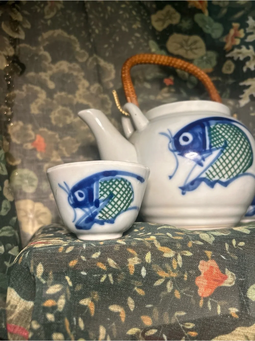 Ceramic Fish Teapot Set in White and Blue with Green Accents